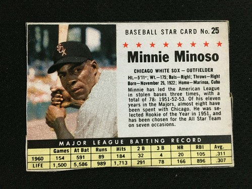 MINNIE MINOSO 1961 POST CEREAL CHICAGO WHITE SOX CUT OUT BASEBALL CARD 