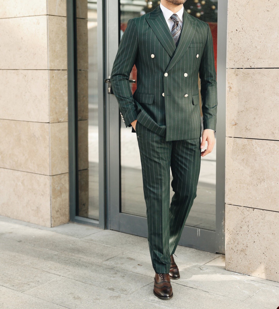 Men's Striped Suit Peak Lapel Double Breasted Formal