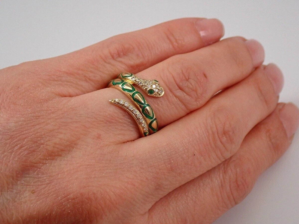 0.30Ct Round Lab Created Emerald Green Enamel SNAKE Ring 14K