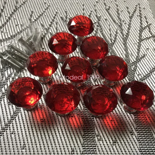 10pcs Red Crystal Glass Kitchen Cabinet Drawer Pull Handle Knobs Replacement - Picture 3 of 5
