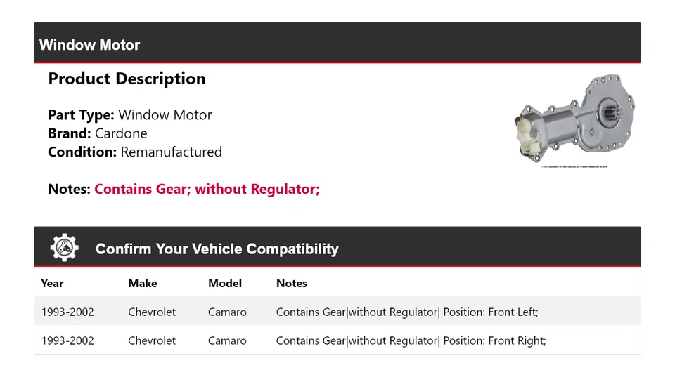 For 1993-2002 Chevrolet Camaro Window Motor Cardone 1994 1995 1996 1997 1998 - Image 2 of 4