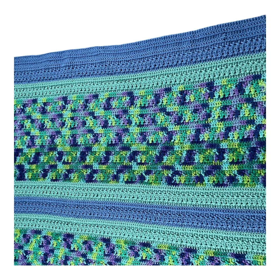 Handmade Crocheted 41" X 55" Blanket Throw Blue Green Purple Striped Cozy - Image 3 of 4