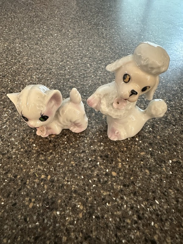 Vintage Porcelain Poodle And Kitten Japan Figurines