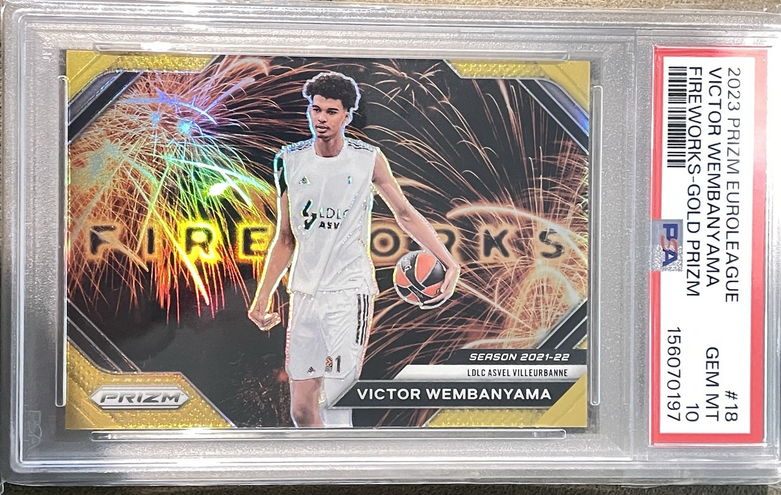2023-2024 Victor Wembanyama Panini Prizm Euro League Gold Fireworks/10, PSA 10