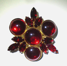 Vintage Red Rhinestone Gold Tone Flower Pin Brooch GoldTone