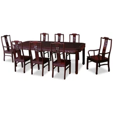 US Seller - Dark Cherry Rosewood Chinese Dragon Motif Rectangle Dining Set - wit