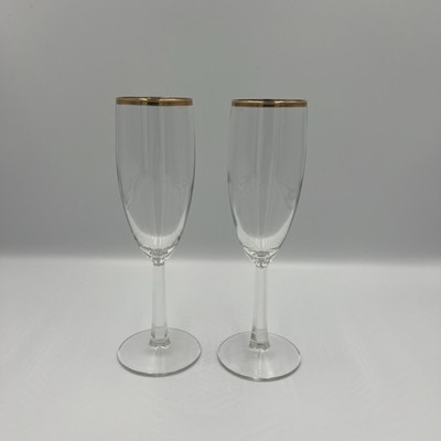 Gold Rim Champagne Flutes Set of 2 Vintage ClearGlass Toasting Glasses ElegantTD