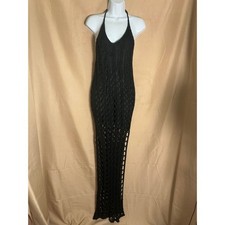 Fashion Nova Crochet Maxi Dress Womens Medium Black NEW Halter Open Back Knit