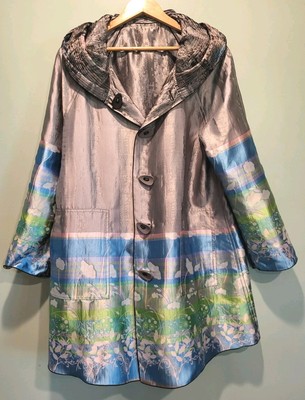 Ubu Reversible Floral Satin Lightweight Button Up Hooded Mid Length Jacket Sz M