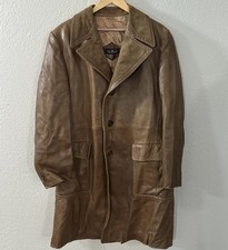 1970s Cortefiel Tan Brown Leather Long Trench Coat Size Men's 42 Made In Spain
