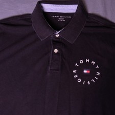Tommy Hilfiger Polo Shirt Mens XL Black Spell Out Short Sleeve Flag Logo Cotton