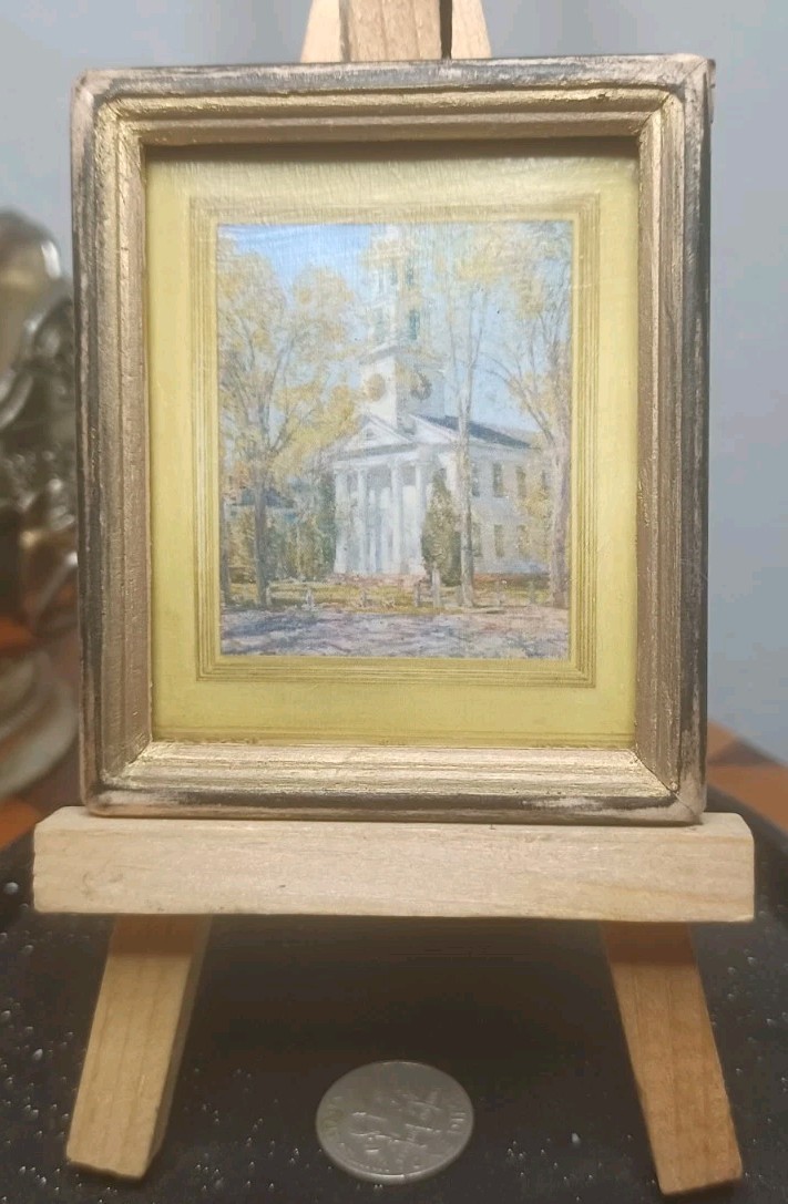 Artisan Signed Vintage Dollhouse Luxury Painting THE OLDE CHURCH IN LYME NH