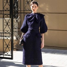 Womens Tweed Evening Party Bowknot Half Puff Sleeve Mid Long Pencil Dress Spring
