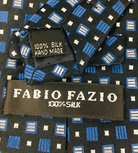 Fabio Fazio 100% Silk Black Silver Blue Geometric Necktie 57 1/2" X 4" - Picture 3 of 3