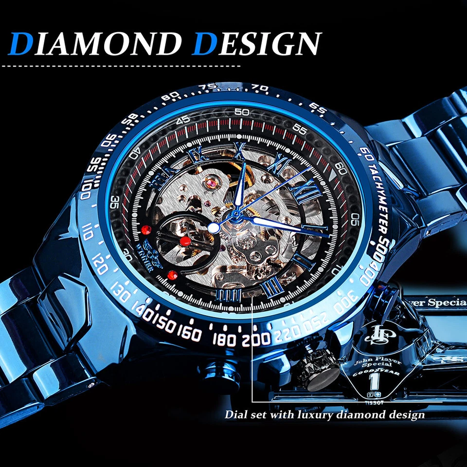 Reloj mecánico automático esqueleto de lujo de acero inoxidable para hombre WINNER Foto 4 de 4