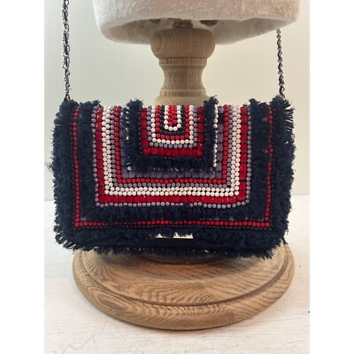 Zara Handmade Multicolor Beaded Cross Body Bag With Frayed Edges