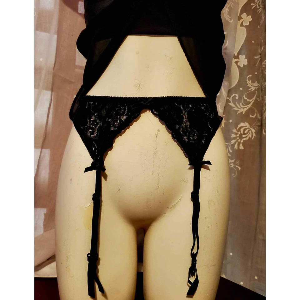 Antigo Victorias Secret Cami Conjunto Cinto de Liga Preto Transparente Chiffon Renda NOVAS Etiquetas Pequeno - Imagem 3 de 4