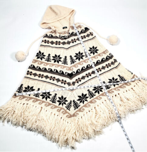 J.Crew Womans Poncho Wool Retro Vintage One Size Off-White Tan Brown Hood - Picture 3 of 12