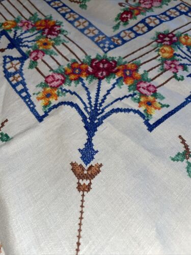 Vintage Rose -Floral Embroidered Cross Stitch Tablecloth With Napkins 78x57 (33 - Picture 4 of 18