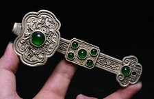 5'' Qianlong Silber Inlay Grüne Edelsteine Fengshui Blume Ruyi Ru Yi Skulptur