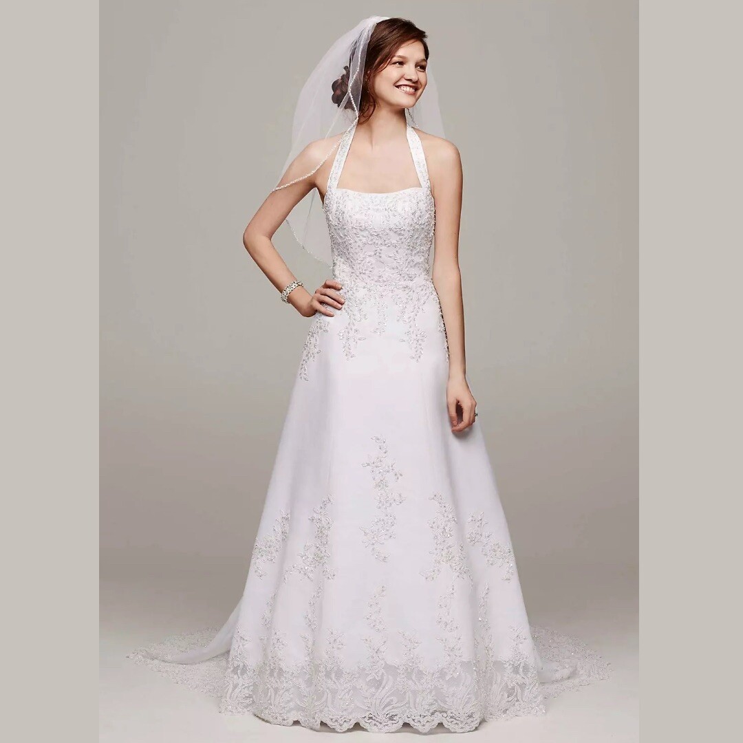 David's Bridal Satin Halter A-line Wedding Gown With Beaded Lace $800 |  eBay UK