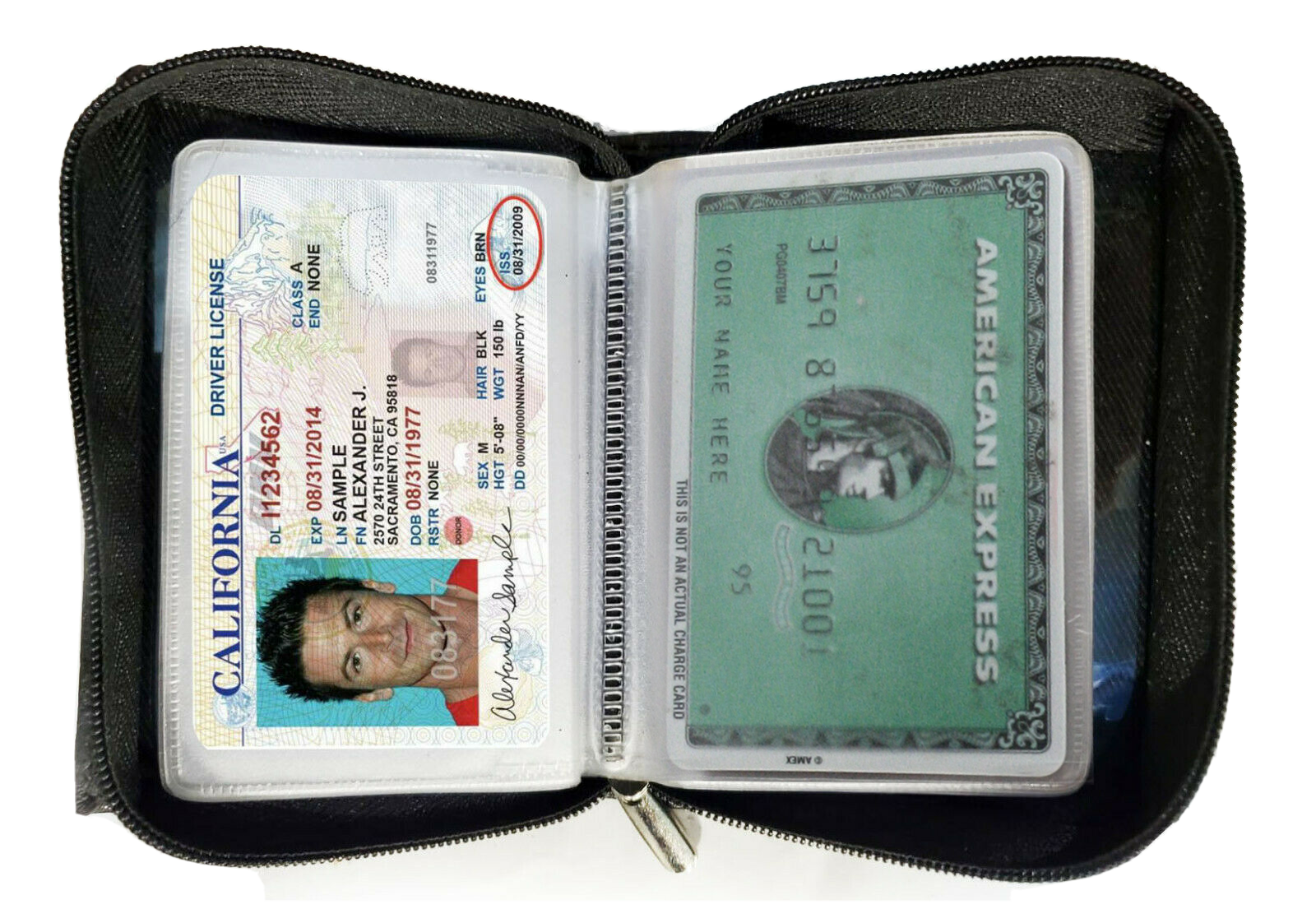 Black Genuine Leather Men's Business Card Organizer Wallet Zip Around ID Holder