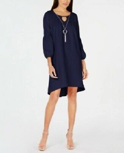 NY Collection Petite Navy Blue Statement-Sleeve High-Low Dress w/Necklace  New PX 704975889461 | eBay