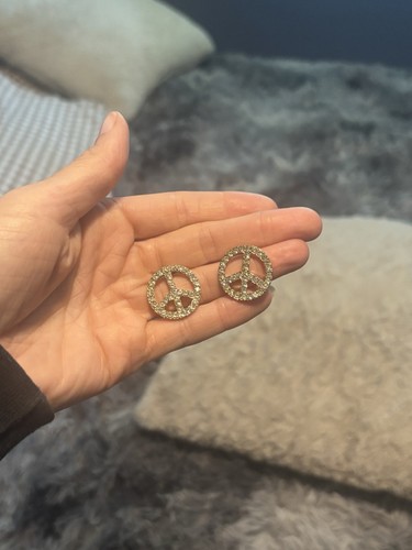 Betsey Johnson Rhinestone Earrings Peace Symbol, Pierced, Small Delicate