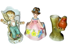 Lot of 3 Vtg Figurine Planters Vases Ucagco Boy Ardco Girl Czech Bird