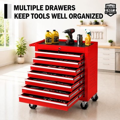 7 Drawer Rolling Tool Chest Wheels Steel Drawers Tool Storage Cabinet W/ Lock