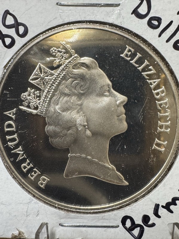 1988 BERMUDA $1 DOLLAR .84 OZ SILVER PROOF RAILROAD TRAIN PALM TREE CROWN 38mm