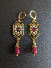 Boucles d'Oreilles Pendantes Dorées Vintage Style Rubis / Gold Drop Earrings