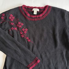 Christopher Banks Womens L Black Sweater Embroidered Floral Knit Grannycore