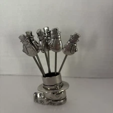 GANZ mini metal snowman hors d'oeuvres pick holders Silver - 6 picks VINTAGE
