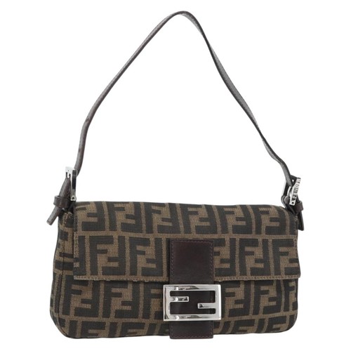 FENDI Zucca Canvas Mamma Baguette Shoulder Bag Black Brown Auth 181873SAM