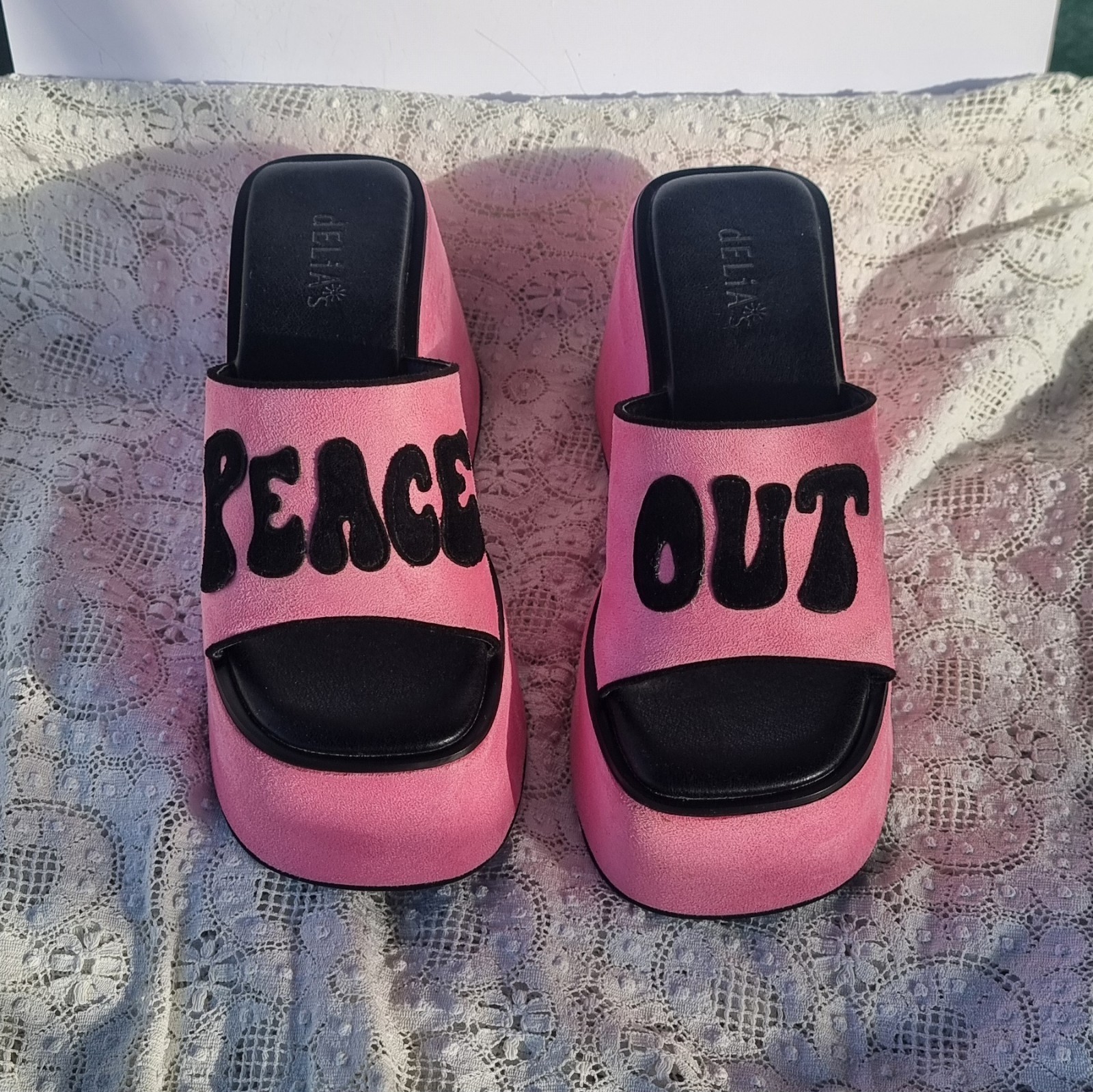 Pink Peace Out Tender Trendsetter Platform Slides by Dolls Kill Size 8