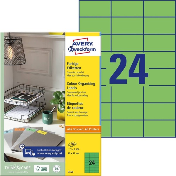 2400Er Multipack Avery-Zweckform 3450 Universal-Etiketten 70 X 37 Mm Papier GrüN-image