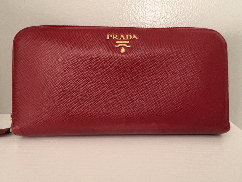 Prada Saffiano Leather Zip Around Wallet Red Gold Hardware Continental Wallet
