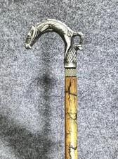 Poignée tête de cheval laiton vintage fonctionne bâton de marche en bois cann...