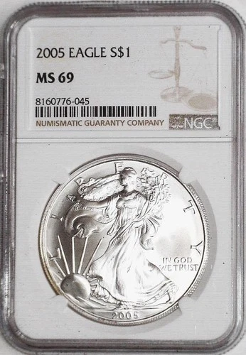 2005 $1 American Silver Eagle NGC MS69 Brown Label Scales