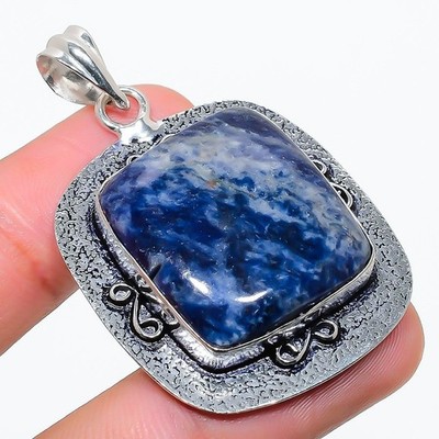 Natural Blue Sodalite Gemstone 925 Sterling Silver Jewelry Pendant Size 2''