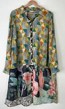 John Mark Button Up Tunic Blouse Roll-Tab Sleeve Geometric Floral Print Large