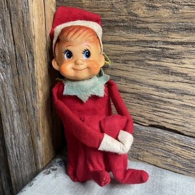 Vintage Christmas Knee Hugger Pixie Elf Red Felt Blue Eyes 1950s 1960s Japan MCM