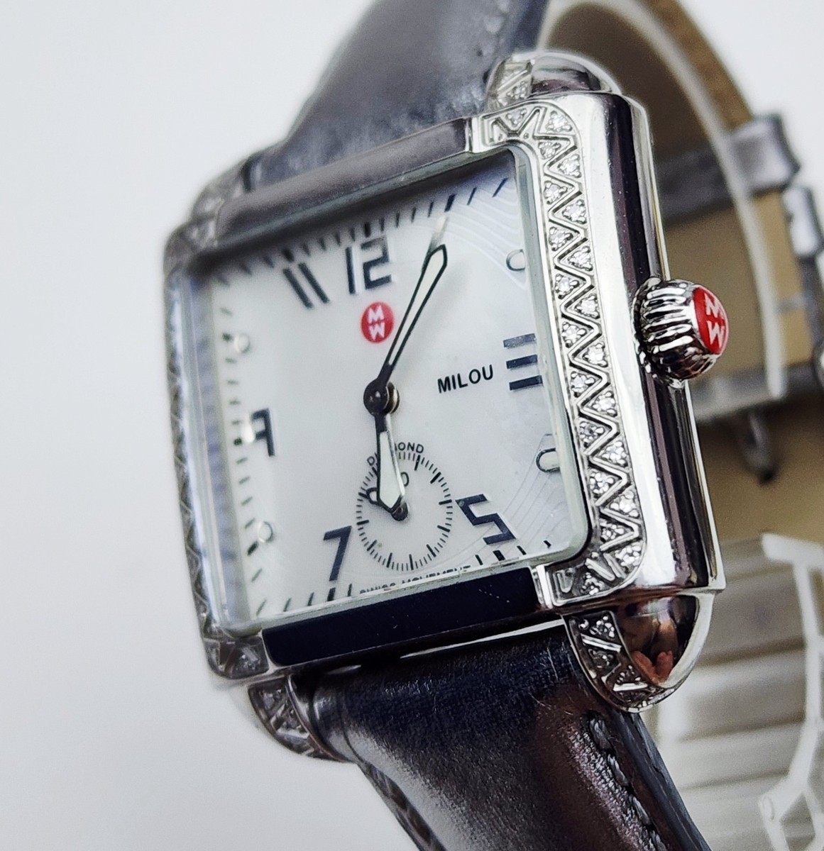 Michele Milou Diamond  Watch with Black and White Patterned Strap Michele | Accessories | Michele Art Deco Diamond Watch Set  main image 4