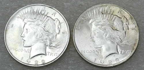 1922 & 1923 Peace Silver Dollar BU lot of 2 Frosty White coins in saflip #K439