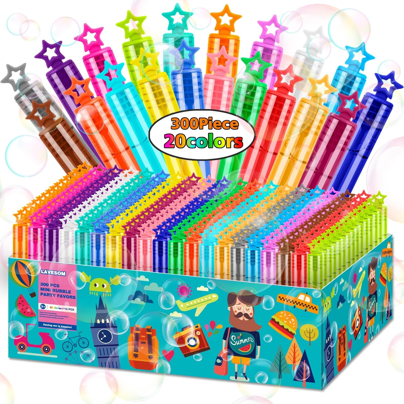 300Pcs 20Colors Star Mini Bubble Wands,Bulk Bubble for Bath Time,Summer Outdo...