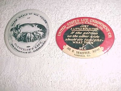 vintage ADVERTISING MIRRORS - QUENTZLERS CAFE and U S LIFE INS CO - CELLULOID