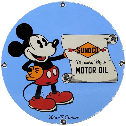 VINTAGE SUNOCO DISNEY MICKEY MOUSE PORCELAIN SIGN PUMP PLATE GAS STATION OIL