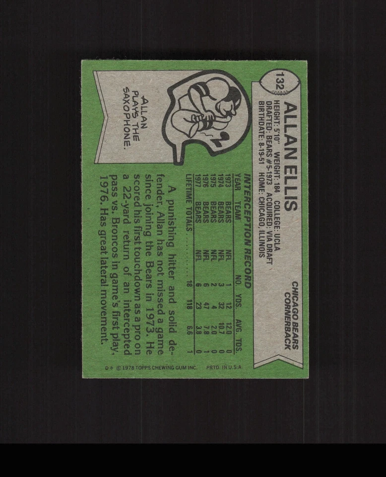 1978 Topps #132 Allan Ellis Football Card Chicago Bears - Image 2 of 2