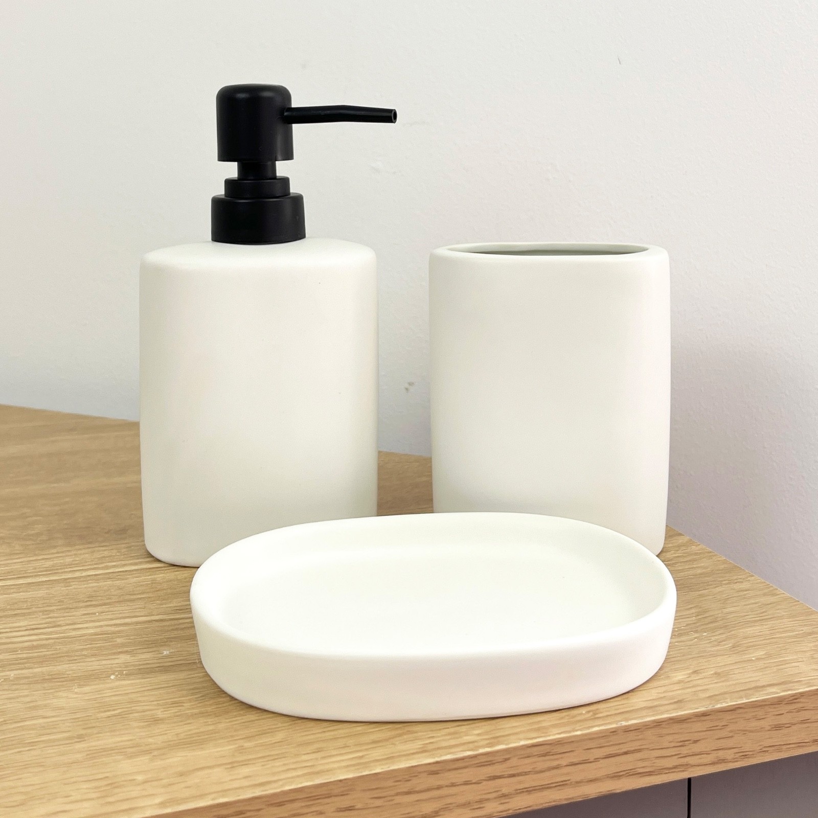 Lotion Dispenser Soap Dish Tumbler Cup Toothbrush Holder off White Bathroom Set